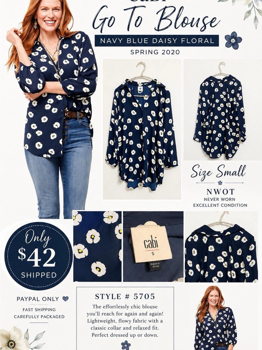 CAbi Navy Blue Daisy Floral Go-To Blouse